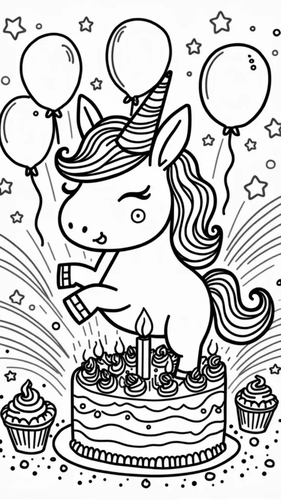 Feliz cumpleaños Páginas para colorear de unicornio